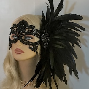 Black Mask, Rhinestone Mask, Lace Masquerade Mask with Feathers, Mardi Gras Mask, Masked Ball, Women's Lace Mask, Wedding Masquerade Masks