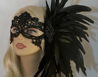 Black Mask, Rhinestone Mask, Lace Masquerade Mask with Feathers, Mardi Gras Mask, Masked Ball, Women's Lace Mask, Wedding Masquerade Masks