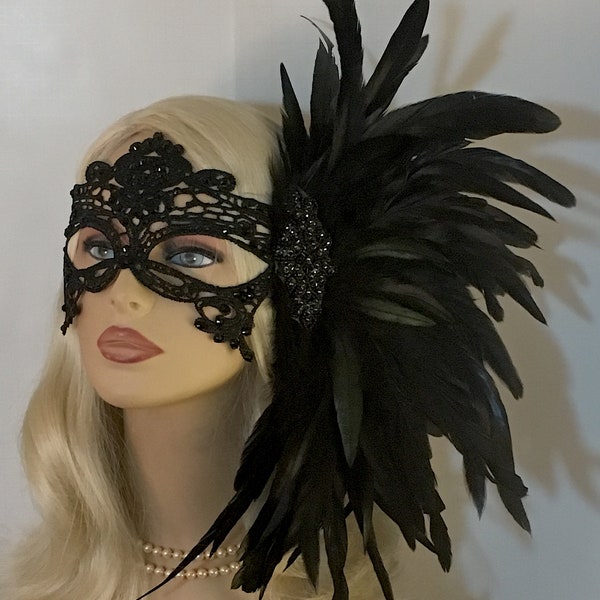 Black Mask, Rhinestone Mask, Lace Masquerade Mask with Feathers, Mardi Gras Mask, Masked Ball, Women's Lace Mask, Wedding Masquerade Masks