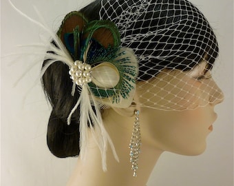 Bridal Feather Fascinator, Bridal Fascinator, Feather Fascinator, Fascinator, Wedding Veil, Bridal Headpiece, Bridal Veil, Pearls