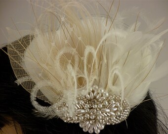 1920s Headpiece, Rhinestone, Pearl, Silver Beaded Bridal Ivory Feather Fascinator, Wedding Headpiece,  Bridal Fascinator, Gatsby Headpiece