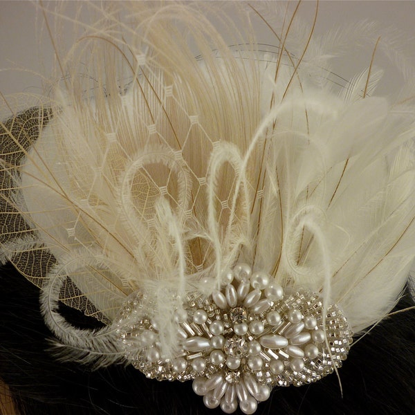 1920s Headpiece, Rhinestone, Pearl, Silver Beaded Bridal Ivory Feather Fascinator, Wedding Headpiece,  Bridal Fascinator, Gatsby Headpiece