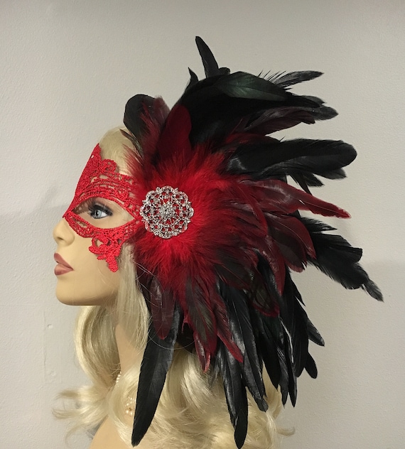 Red Black Mask + Feathers On Hband Eye Masks Unisex Red Black Mask + Feathers On Hband Eye Masks Unisex