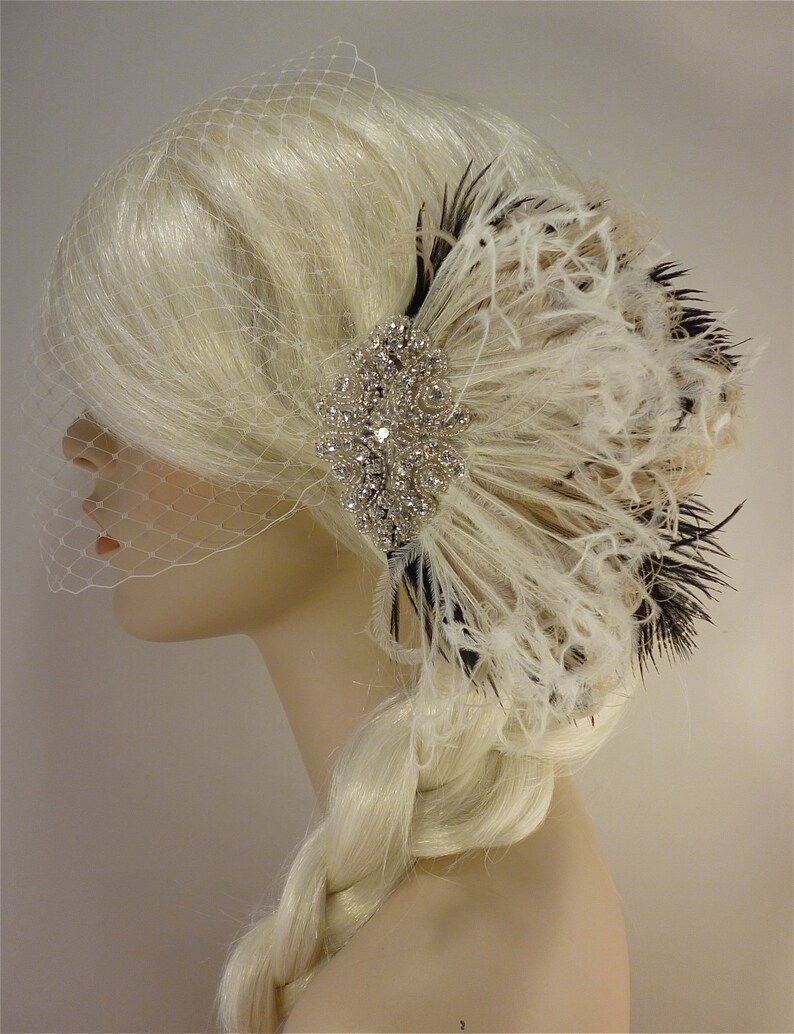 Hollywood Glitz 2- Bridal Fascinator Feather Fascinator Bridal Veil Ivory and Black Wedding Veil Rhinestone Hair clip