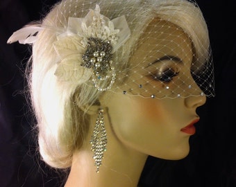 Birdcage Veil, Bridal Veil and Bridal Clip, Bandeau Birdcage Veil, Blusher,  Ivory Feather Hair Clip, Swarovski Crystals and Pearls