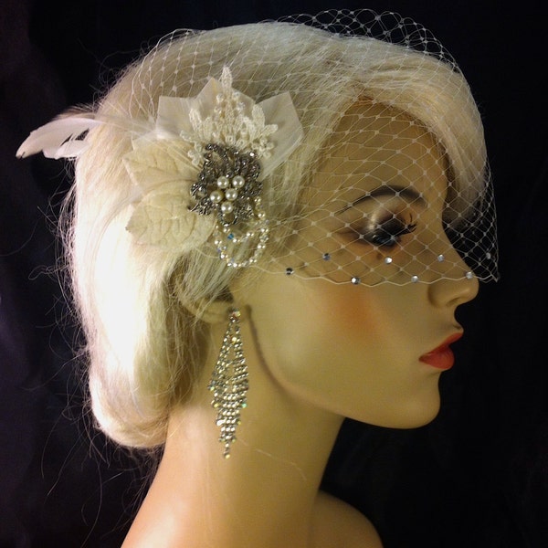 Birdcage Veil, Bridal Veil and Bridal Clip, Bandeau Birdcage Veil, Blusher,  Ivory Feather Hair Clip, Swarovski Crystals and Pearls