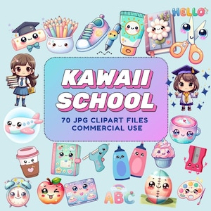 Kawaii Schulbedarf Clipart, süße PNG Grafiken für das Klassenzimmer, Schulanfang Digitaler Download, Adorable Elements Kinder Basteln, kommerzielle Nutzung