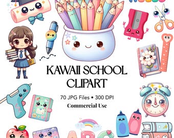 Kawaii School Clipart, Back to School JPG, Cute School Supplies, Teacher Clipart, Cute Stationery Clipart, Cute Classroom, Commercial Use