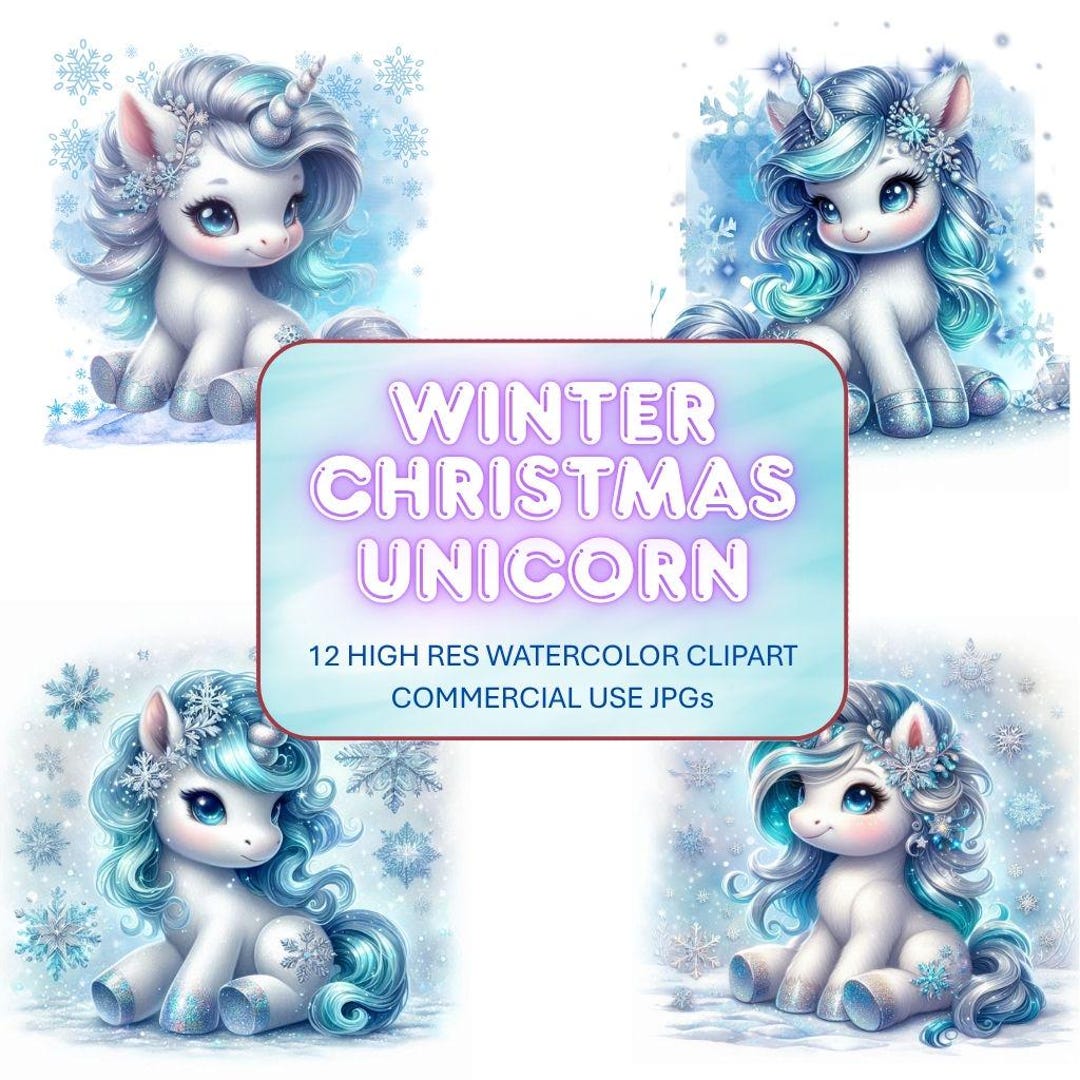 Winter Christmas Unicorn Clip Art JPG Watercolor Christmas Cards ...