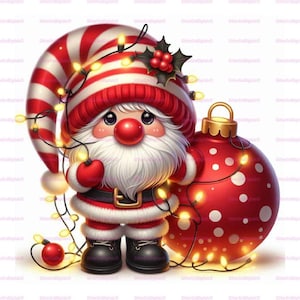 Christmas Gnomes Tangle Lights Clipart, 10 High Res Watercolor JPGs Junk Journal Scrapbook, Holiday Christmas Cards (Digital Download)