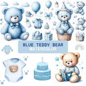 Blue Teddy Bear Watercolor Clipart Nursery Clipart Gender Reveal JPG Sleeping Teddy Bear Teddy Bear JPG Blue Baby Shower Clipart Boy Clipart