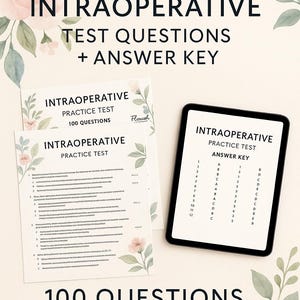 Op de afbeelding: Afbeelding van oefentestmateriaal voor het Intraoperatieve examen. Bevat een gedrukte test met 100 vragen en een antwoordsleutel op een tablet. Het ontwerp bevat bloemelementen en de tekst "Intraoperative Test Questions + Answer Key".