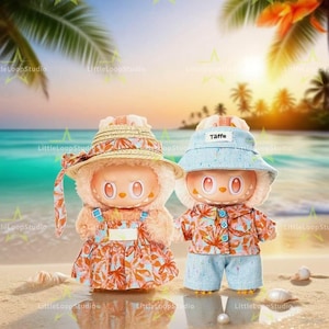 Labubu Doll Summer Outfit Set – Beach Couple Clothes with Hat Dress or Shirt Pants