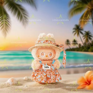 Labubu Doll Summer Outfit Set – Beach Couple Clothes with Hat Dress or Shirt Pants