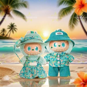 Labubu Doll Summer Outfit Set – Beach Couple Clothes with Hat Dress or Shirt Pants
