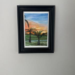 Aquarell gemalte Grußkarte, Aquarell Malerei, Sonnenuntergang, Landschaft, Palmenküste Florida, original Malerei - UNGERAHMT