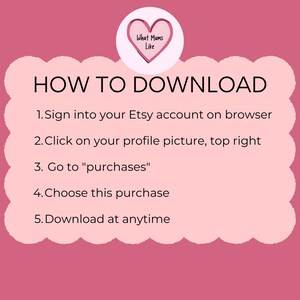 Może przedstawiać: R&oacute;żowa grafika z instrukcjami, jak pobrać zakup z Etsy. Tekst jest czarny i znajduje się na jasnor&oacute;żowym tle. Tytuł to "HOW TO DOWNLOAD". U g&oacute;ry znajduje się logo w kształcie serca.
