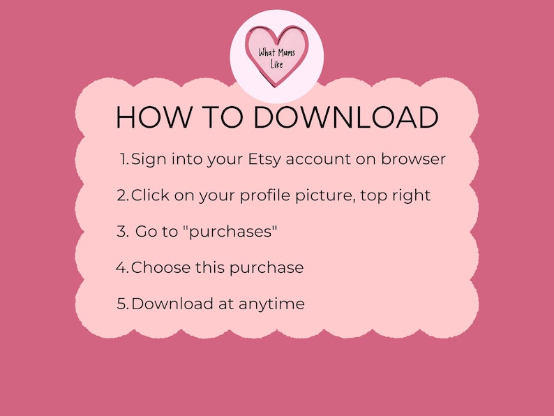 Może przedstawiać: R&oacute;żowa grafika z instrukcjami, jak pobrać zakup z Etsy. Tekst jest czarny i znajduje się na jasnor&oacute;żowym tle. Tytuł to "HOW TO DOWNLOAD". U g&oacute;ry znajduje się logo w kształcie serca.