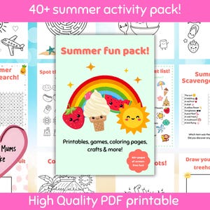 Może przedstawiać: Cyfrowy pakiet aktywności letnich z tekstem "Summer fun pack!" z tęczą, lodami, truskawką i ilustracjami słońca. Zawiera wyszukiwanie sł&oacute;w, poszukiwania skarb&oacute;w, kolorowanki i inne. Tekst "40+ summer activity pack!" znajduje się na g&oacute;rze.