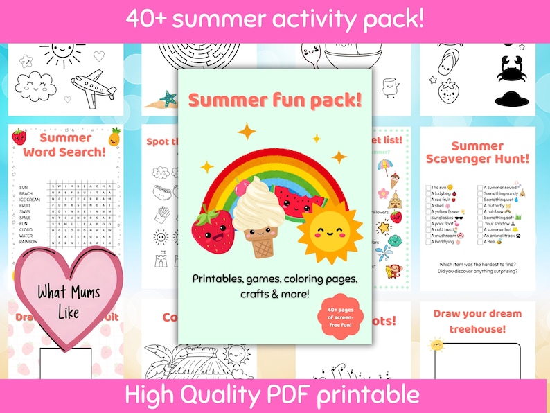 Może przedstawiać: Cyfrowy pakiet aktywności letnich z tekstem "Summer fun pack!" z tęczą, lodami, truskawką i ilustracjami słońca. Zawiera wyszukiwanie sł&oacute;w, poszukiwania skarb&oacute;w, kolorowanki i inne. Tekst "40+ summer activity pack!" znajduje się na g&oacute;rze.
