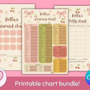 May include: A set of three printable charts with a pink and cream color scheme. The charts include a reward chart, a weaning chart with food categories, and a potty chart. The text "Bella's" is featured on each chart, along with decorative bows and cherries.