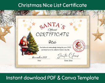 May include: A Christmas Nice List Certificate featuring Santa Claus, a Christmas tree, and the text "SANTA'S Official CERTIFICATE." The certificate is for Otis and dated December 2025. The background includes stars and festive decorations.