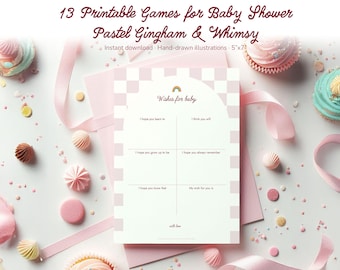 Zestaw gier na baby shower w kratkę: gry do wydrukowania i kartki pamiątkowe (plik PDF do pobrania)
