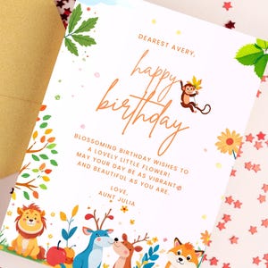 Cartão de aniversário personalizado com animais | Cartão infantil com tema de safári na selva | Editável para impressão | Saudação fofa de aniversário | Download digital.