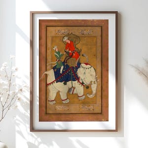 Mughal Miniature Print, White Elephant Persian Painting, 17th Century Art Scene — Islamic Miniature Art, Muslim Decor, Digital Download