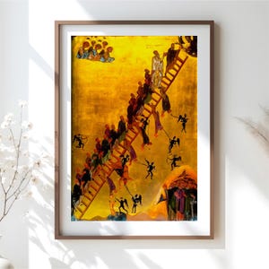 Christian Wall Art, Ladder of Divine Ascent Icon, Byzantine Mount Sinai Painting, Vintage Christian Home Decor, Baptism Christian Gifts