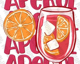 May include: A digital illustration with the word "APEROL" in pink. It depicts a glass of Aperol Spritz with ice and orange slices, and a sliced orange. The background is white, creating a vibrant and refreshing image.