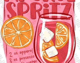 May include: Aperol Spritz recipe graphic with a pink background. The image features a glass of the cocktail with ice and orange slices, a sliced orange, and the recipe ingredients: Aperol, Prosecco, soda water, and orange slice.