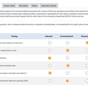 May include: A medical document with text and a table. The table has columns for 'Finding', 'Indicated', 'Contraindicated', and 'Nonessential'. Rows detail nursing actions like 'Instruct incentive spirometry' and 'Administer antibiotics'.