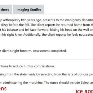 May include: A screenshot of a medical document with the headings "History and Physical," "Nurses' Notes," "Flow sheet," and "Imaging Studies." The document contains patient information, including a medical history and notes on a recent fall. The text includes medical terminology and instructions for nurses.