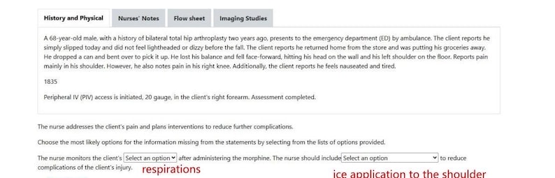 May include: A screenshot of a medical document with the headings "History and Physical," "Nurses' Notes," "Flow sheet," and "Imaging Studies." The document contains patient information, including a medical history and notes on a recent fall. The text includes medical terminology and instructions for nurses.