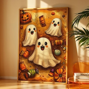 Cute Halloween Ghosts and Candy Art Print, Halloween Wall Art, Pumpkin Wall Art, Spooky Pumpkin, Whimsical Illustration, Autumn Fall Decor
