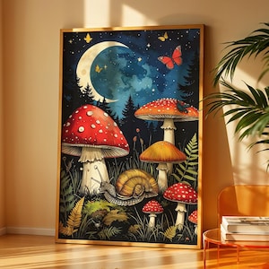 Magical Mushroom Art Print, Trippy Art Prints, Snail & Butterflies Art, Whimsical Forest Art, Fantasy Wall Decor, Nature Night Art Print