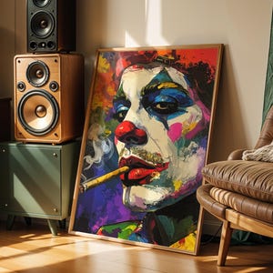 Arte pop colorido n.° 4, Retrato abstracto, Payaso colorido, Impresiones de cigarrillos, Imprimible de payaso, Arte mural retro, Imprimibles de arte pop, Decoración del hogar