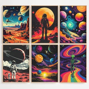 Set of 6 Astronaut Space Art Prints, Vibrant Cosmic Digital Artwork, Planets and Stars Poster, Wall Art, Digital Printable, Home Decor