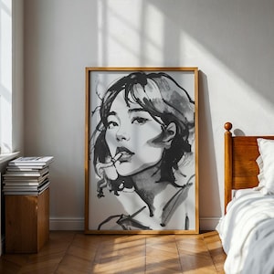 Woman with Cigarette, Black And White Wall Art, Women Art, Portrait Art, Minimalist Wall Art Print, Decorative Painting Wall Art, Home Decor