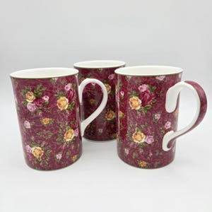 Juego de 3 tazas de té de porcelana fina Royal Albert Old Country Roses Floral Ruby Lace.