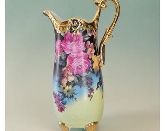 Vintage Floral Porcelain Vase Pitcher With Gold Gilding Victorian Cottagecore