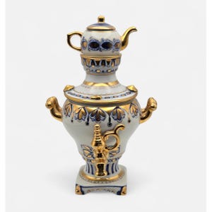 Vintage russische Gzhel dekorative UDSSR Samowar-Teekanne Geschenk-Goldvergoldet