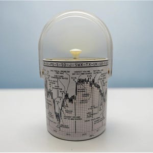 May include: A cylindrical ice bucket with a clear plastic handle and a white lid featuring a small knob. The exterior is decorated with a black and white stock market graph from 1974 to 1977, including text labels like Nixon Resignation and Saigon Falls.