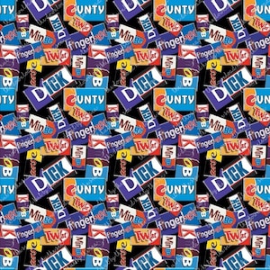 May include: A repeating pattern on a black background featuring various rectangular candy bar wrappers with bold text including the words Dick, Cunty, Twat, Minge, Knob, and Finger me, displayed in vibrant blue, red, white, and yellow colours.
