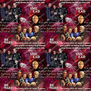 May include: A repeating pattern featuring images of a science fiction cast, with text overlays. The design includes the words "SMEG HEAD" and "RE WARF" in red, along with other phrases. The background is a deep red.