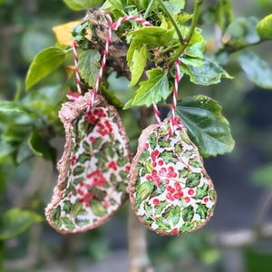 Austernmuschel Weihnachtsschmuck. 4er Set. Ilexbeeren mit Goldrand.