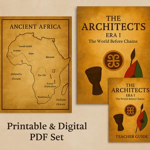 K&ouml;nnte beinhalten: Ein Satz druckbarer und digitaler PDF-Lehrmaterialien. Das Bild zeigt eine Karte des alten Afrikas und zwei Buchumschl&auml;ge mit dem Titel "The Architects Era I: The World Before Chains". Der Lehrerleitfaden ist ebenfalls enthalten.
