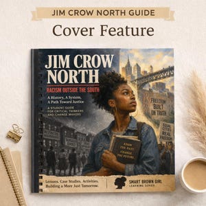 以下が含まれることがあります： 「Jim Crow North」というタイトルの本の表紙には、人物の肖像画と人種差別と正義に関するテキストが描かれています。この本は「Smart Brown Girl Learning Series」の一部です。表紙には「Cover Feature」というテキストも含まれています。