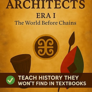 K&ouml;nnte beinhalten: Buchcover mit dem Titel "THE ARCHITECTS ERA I The World Before Chains". Das Cover zeigt einen braunen Hintergrund mit einem kreisf&ouml;rmigen Design, einem Speer und dem Text "TEACH HISTORY THEY WON'T FIND IN TEXTBOOKS."